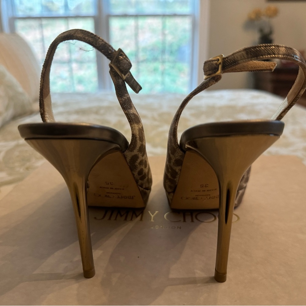 Jimmy Choo Open Toe Pumps Slingback Heels Leopard Shimmer Leather 36 - Picture 3 of 7